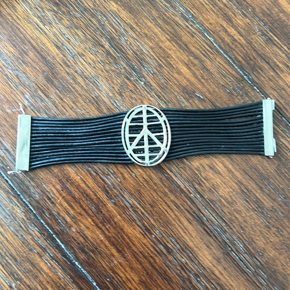 Multi Strand Leather, Sterling and Pave Diamond Peace Sign Bracelet - Picture 5 of 6